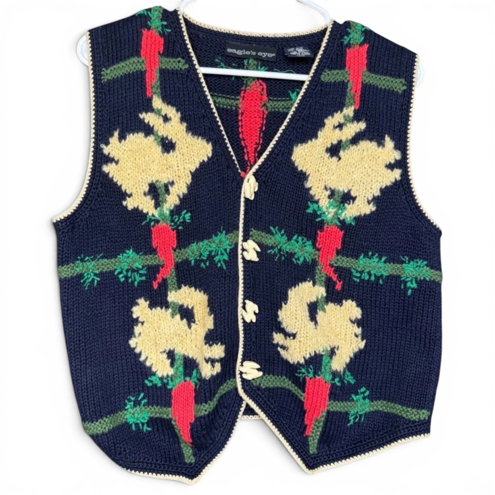 Eagles Eye Vintage Bunny Carrot Knit Sweater Vest Navy Blue Womens Medium